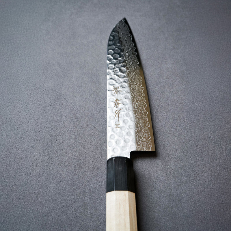 Sakai Takayuki 45-Layer AUS10 Damascus Hammered Santoku Knife 180mm