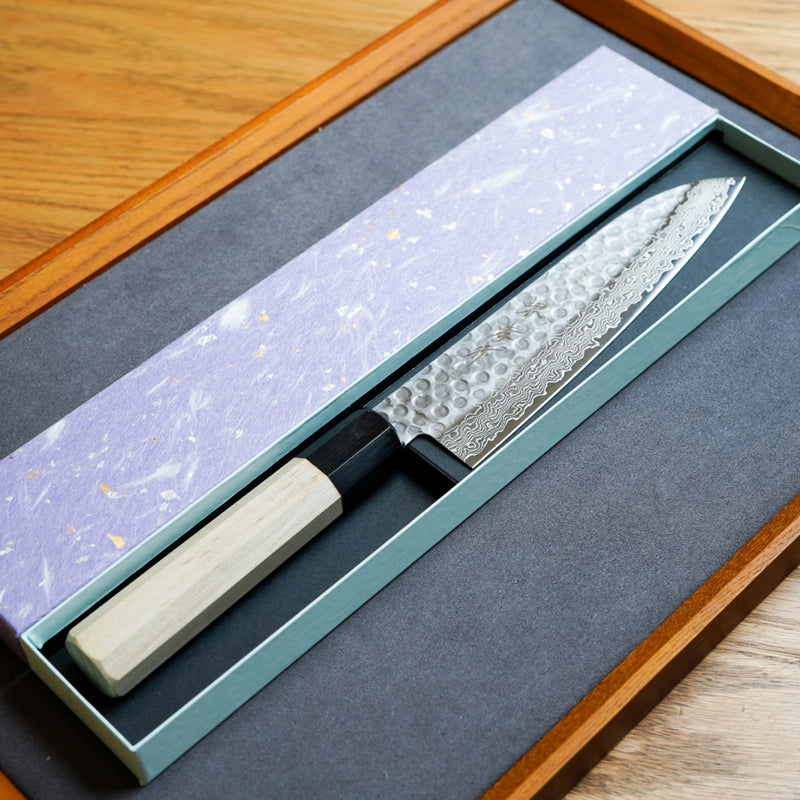 Sakai Takayuki 45-Layer AUS10 Damascus Hammered Santoku Knife 180mm
