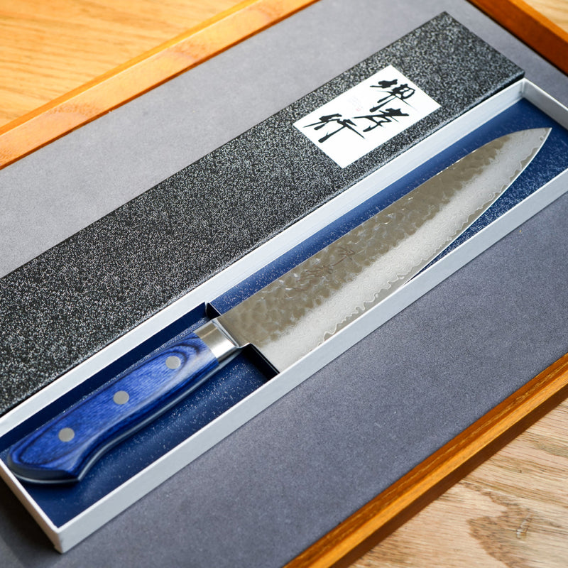Sakai Takayuki 33-Layer VG10 Damascus Hammered Gyuto Knife with Blue Handle 210mm