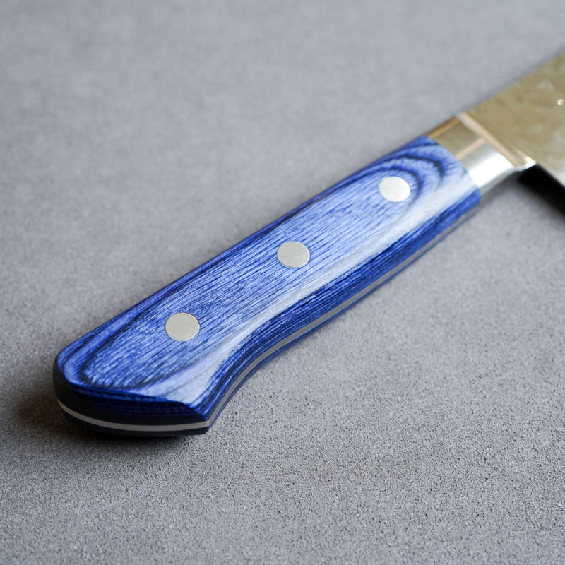 Sakai Takayuki 33-Layer VG10 Damascus Hammered Gyuto Knife with Blue Handle 210mm
