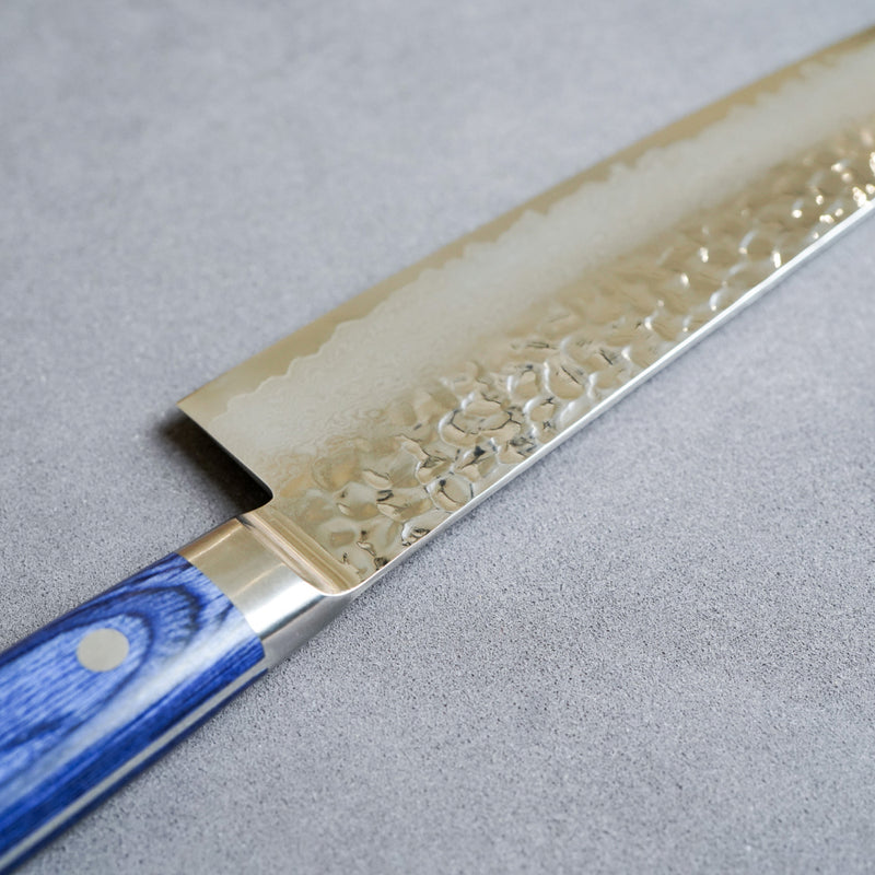 Sakai Takayuki 33-Layer VG10 Damascus Hammered Gyuto Knife with Blue Handle 210mm