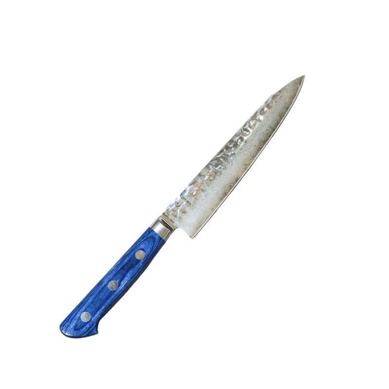 Sakai Takayuki 33-Layer VG10 Damascus Hammered Petit Knife with Blue Handle 150mm