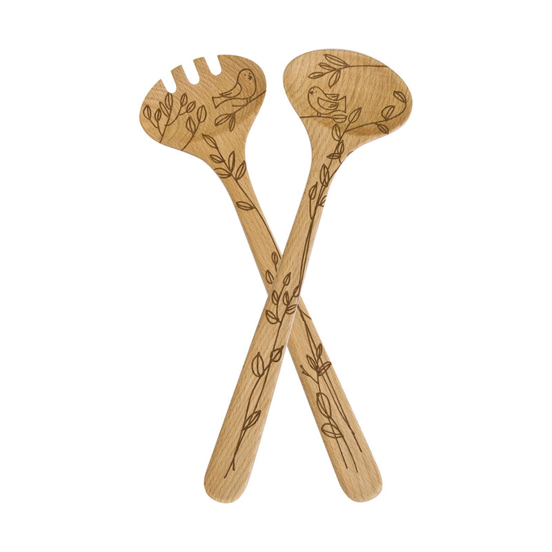 美國Talisman Designs 櫸木沙律匙及匙叉套裝 小鳥花紋 Beechwood Salad Serving Set